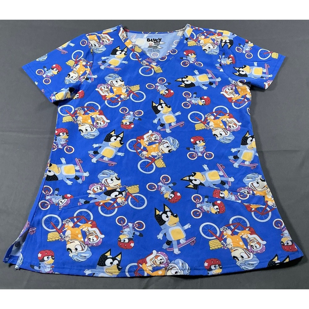 Bluey BBC Studios Women Sz S Blue Scrub Top V-Neck Character Print Medical Nurse